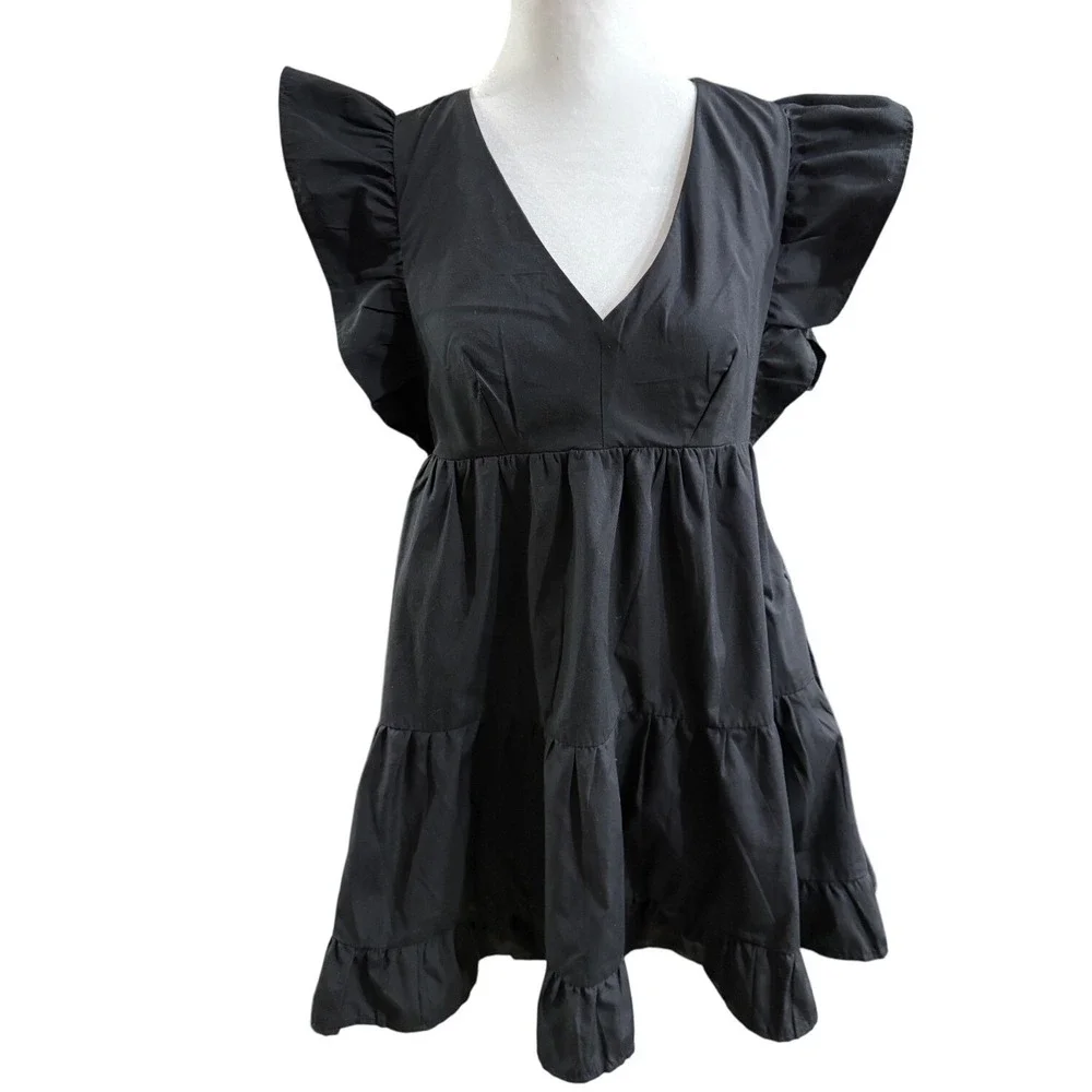 Abercrombie & Fitch | Dresses | Abercrombie Fitch Black Ruffle Sleeve  Tiered Mini Dress Xs Vneck Babydoll | Poshmark